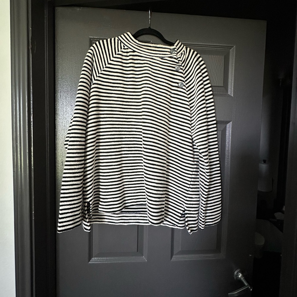 LOFT Navy and White Striped Wide Mock Neck Top